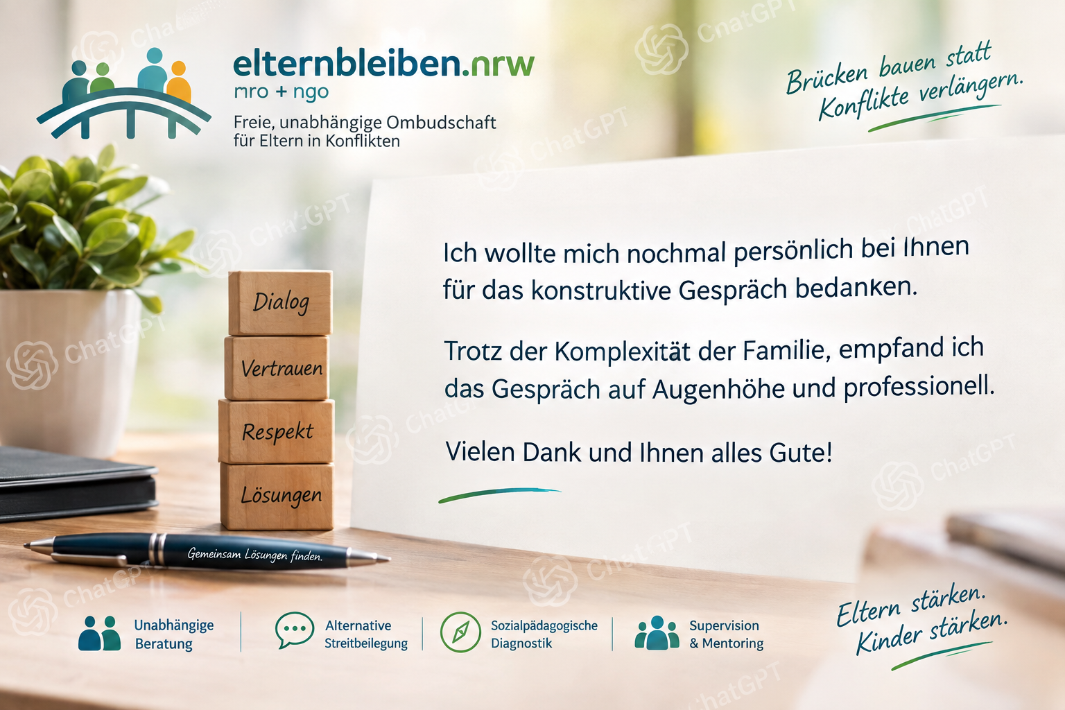 Karte mit Holzwürfeln „Dialog, Vertrauen, Respekt, Lösungen“ und der Rückmeldung eines Jugendamtes: Dank für ein konstruktives Gespräch auf Augenhöhe.
